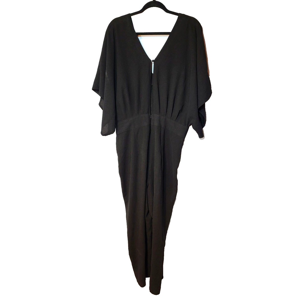 ASOS Black V-Neck/Back Jumpsuit Kimono Sleeve Wide Leg Capri Keyhole Size 14